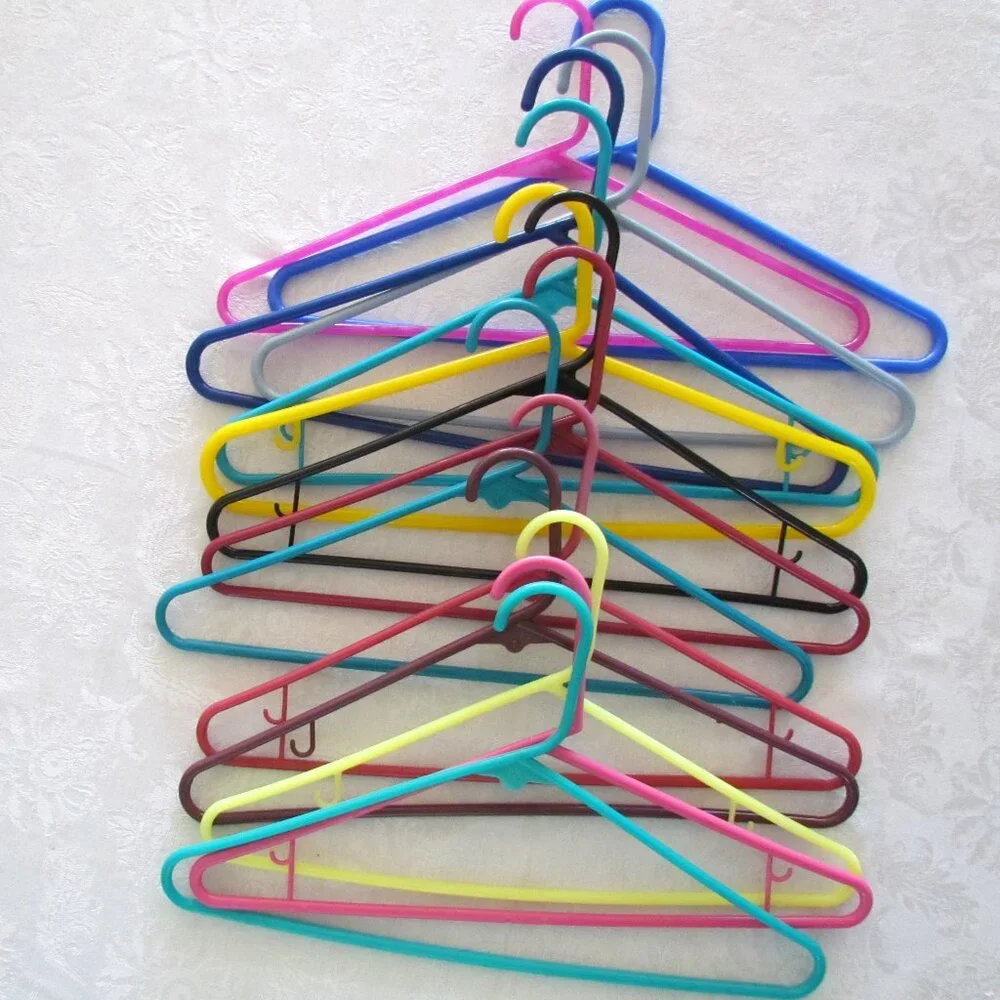 CLOTHES HANGERS, 20 TOTAL: SKIRT/PANTS, SPAGHETTI STRAP STYLE & COLORFUL PLASTIC